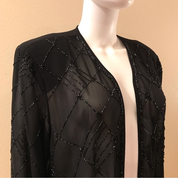 RM Richards Sheer Black Beaded Open Front Jacket NEW Size 18 2X Elegant Glamour - Picture 2 of 13